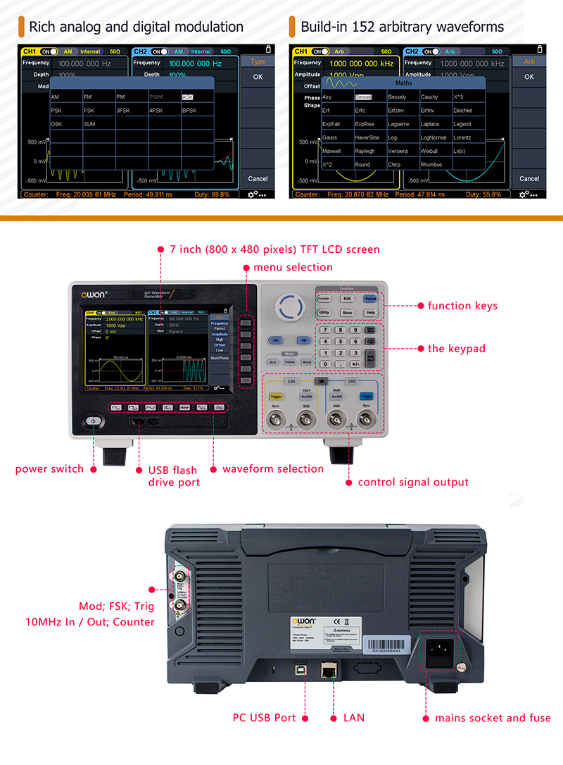 OWON XDG2060 60MHz Funktionsgenerator 14Bit 500 MSa / s Arbitrary Waveform Generator