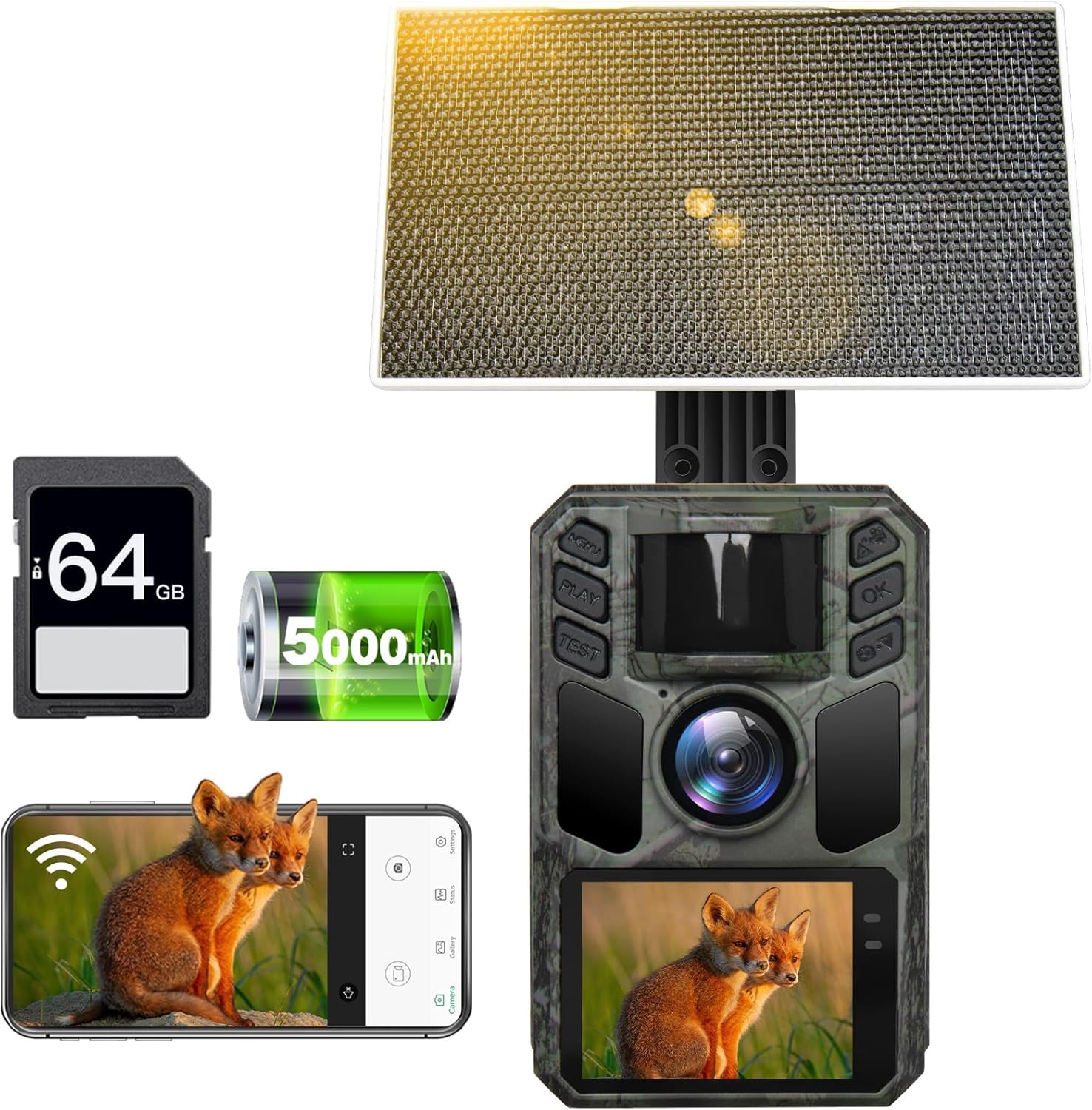 Wildtierkamera 4K Wildkamera 64MP mit Solarpanel, 130°, mit 64G SD Speicherkarte, Wi-Fi