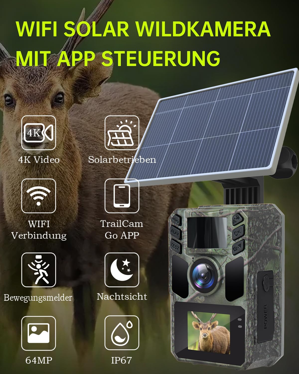 Wildtierkamera 4K Wildkamera 64MP mit Solarpanel, 130°, mit 64G SD Speicherkarte, Wi-Fi Wildtierkamera 4K Wildkamera 64MP mit Solarpanel, 130°, mit 64G SD Speicherkarte, Wi-Fi