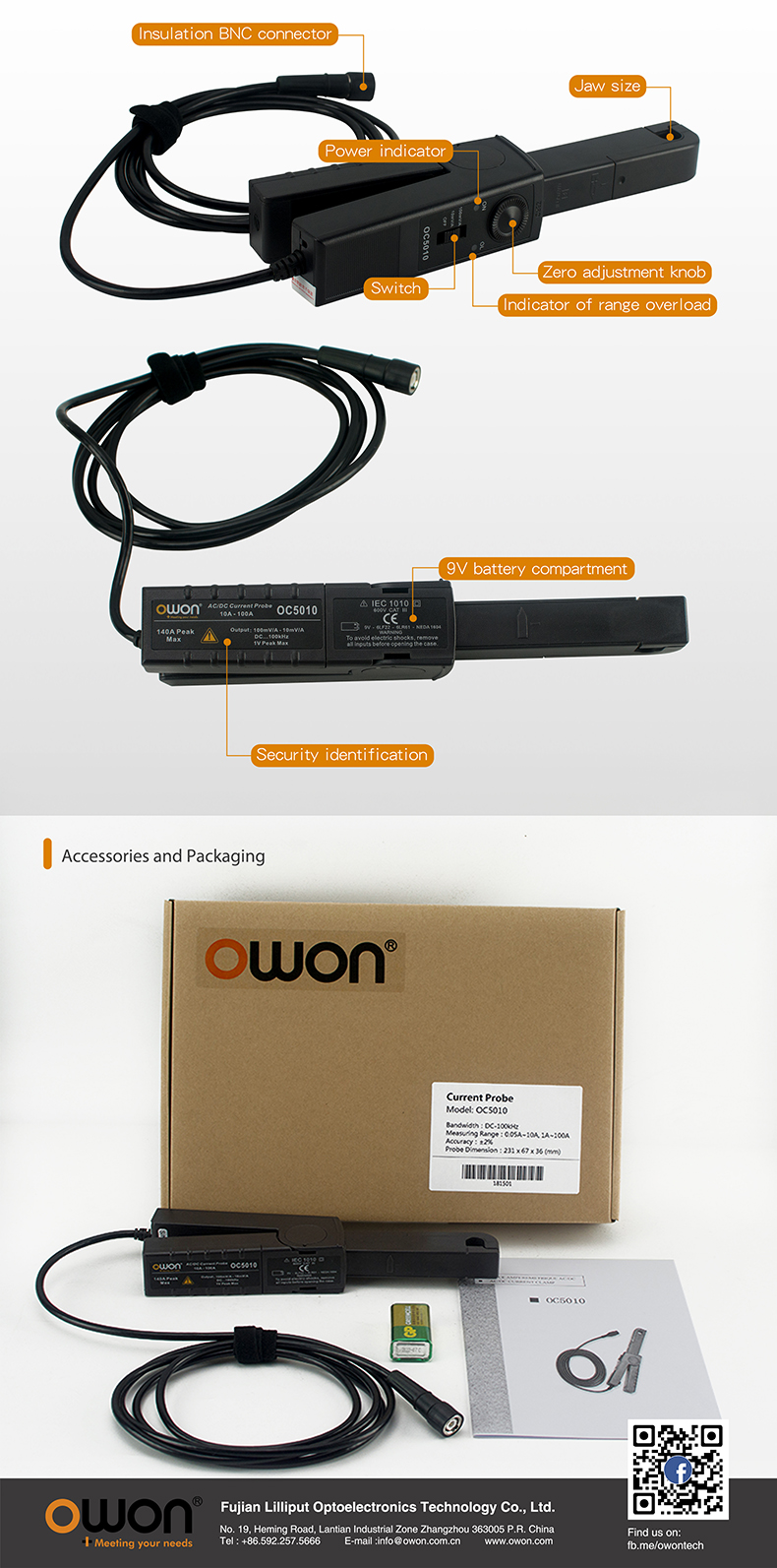 OWON OC5010 AC/DC Stromzange 100A 100KHz 0,05A-100A Bereich 11,8mm Backenöffnung