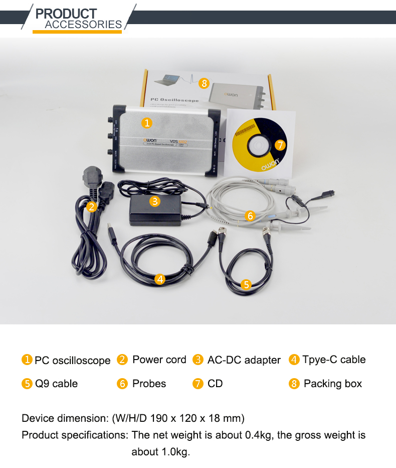 VDS6102-3 OWON VDS6102 USB Oszilloskop 2x100 MHz 1GS/s + Signalgenerator 5MHz + SCPI + Labview