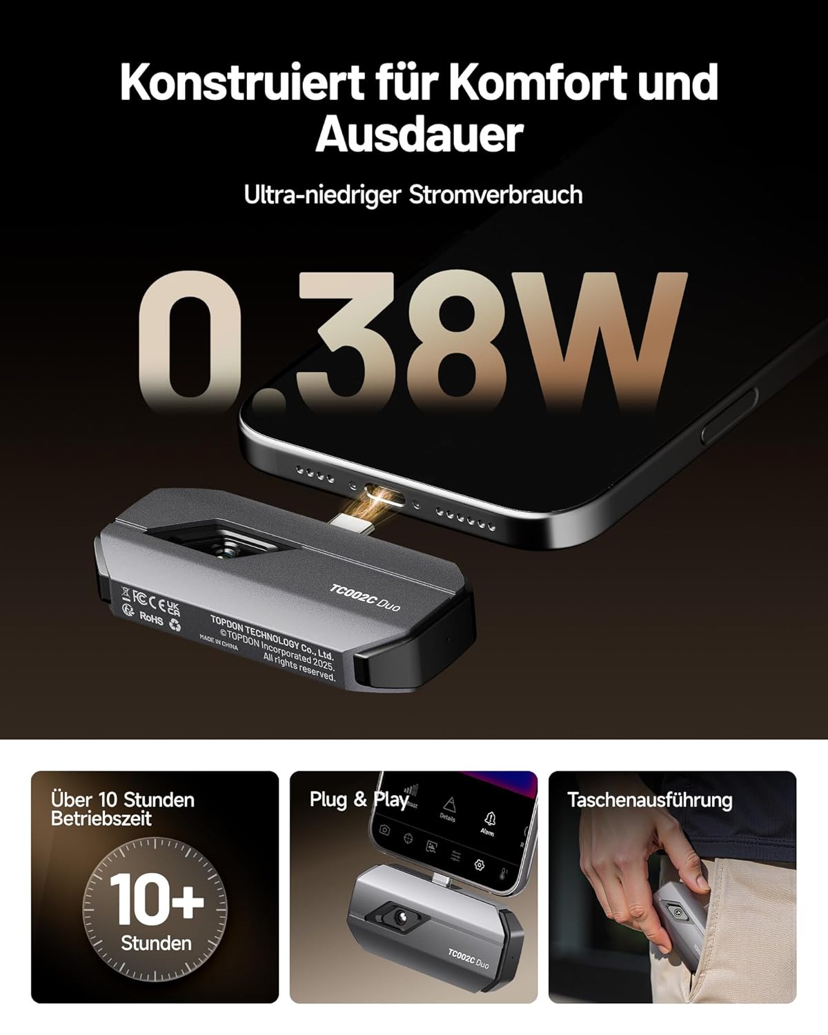 TopDON TC002C-DUO Wärmebildkamera für IOS+Android, 256x192px, TISR 512x384px, 40mK