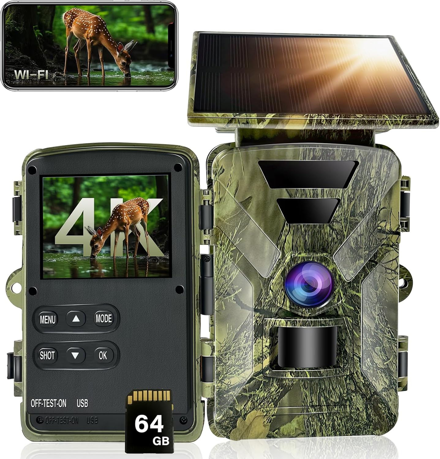 Wildtierkamera 4K Wildkamera 60MP mit Solarpanel, 120°, mit 64G SD Speicherkarte, Wi-Fi