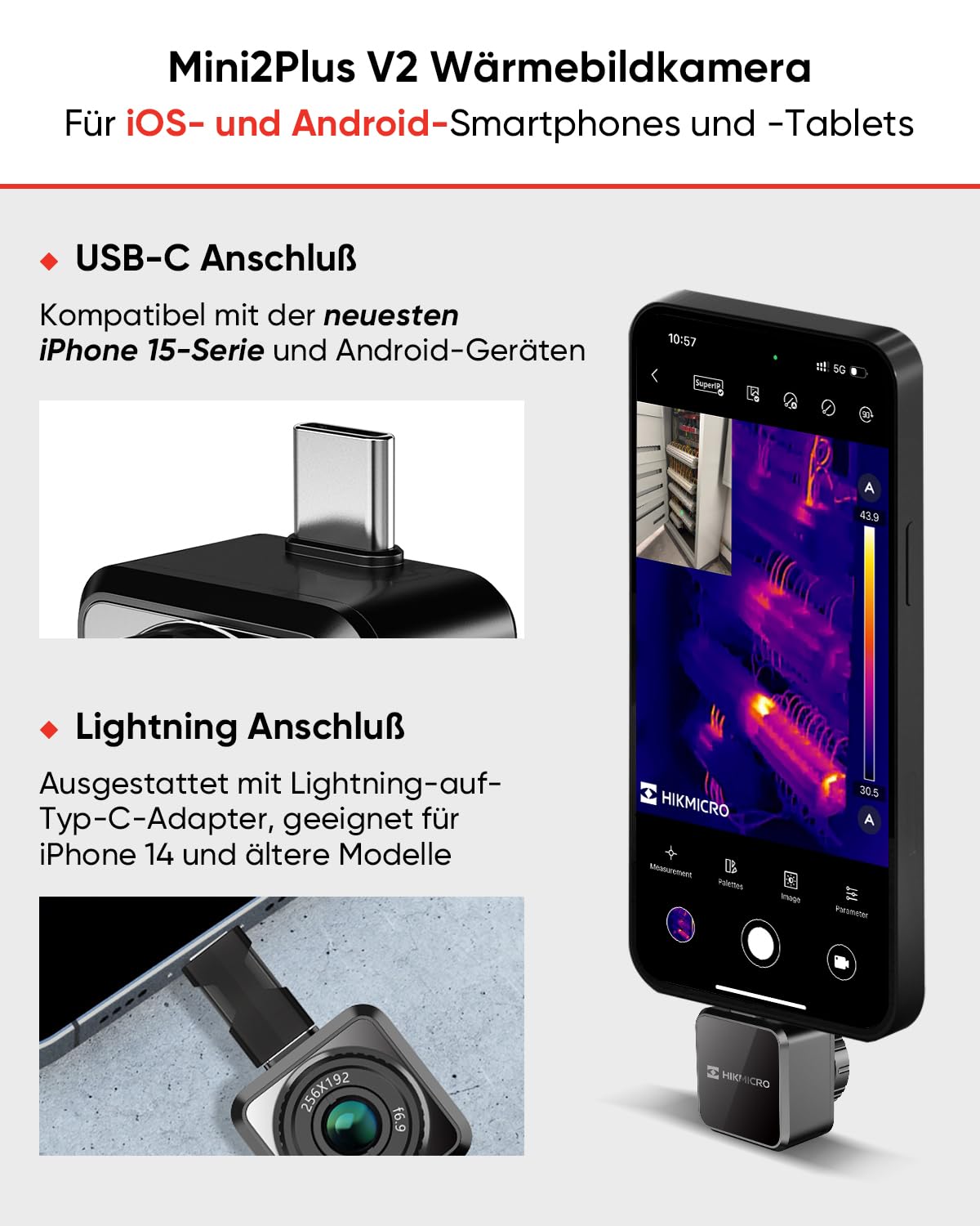 HIKMICRO Mini2Plus V2 für IOS + Android Smartphone Wärmebildkamera 256 x 192 Pixel