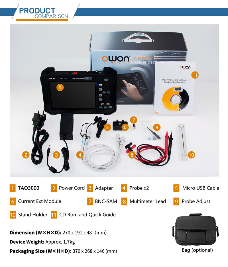 OWON TAO3072 / TAO3072A 70MHz 2 Kanal Tablet Oszilloskop mit Touchscreen + Decoder KIT