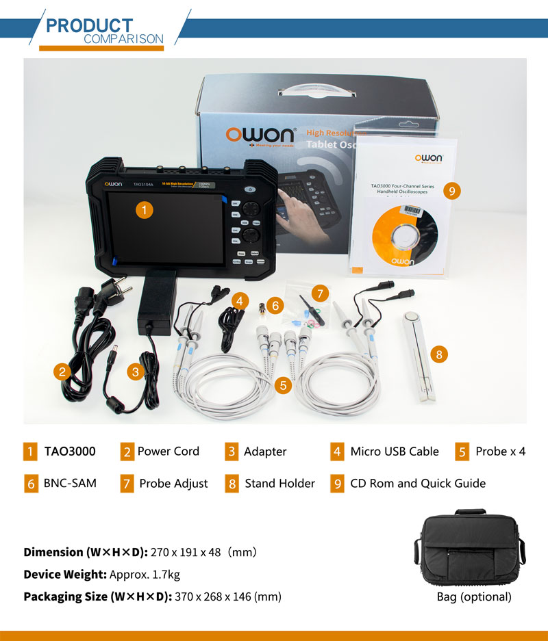 OWON TAO3074 / TAO3074A 70MHz 4 Kanal Tablet Oszilloskop mit Touchscreen + Decoder KIT